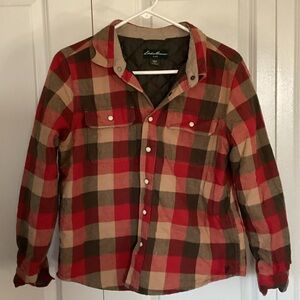 Eddie Bauer Kids Red Tan Olive Green Quilted Plaid Shirt Jacket